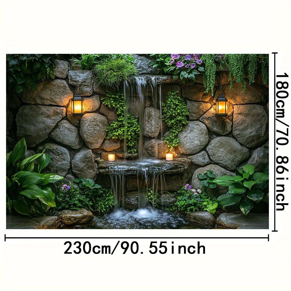 A decorative wall hanging featuring a stone waterfall and lush green plants with illuminated lanterns.