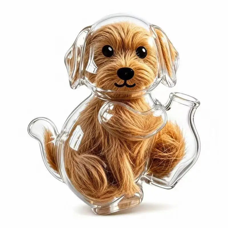 A clear capsule cat whisker keepsake magnet with a golden-colored dog figurine.