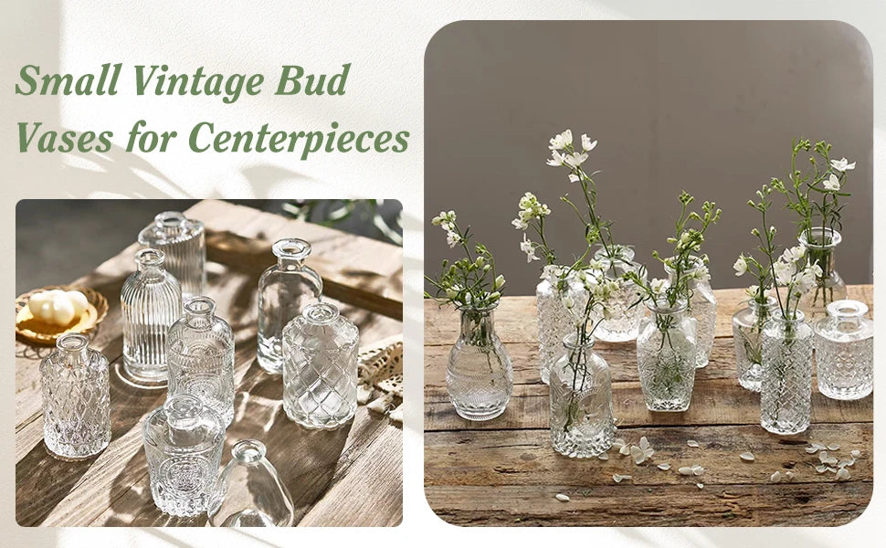 A collection of small vintage bud glass vases for centerpieces arranged on a wooden surface.