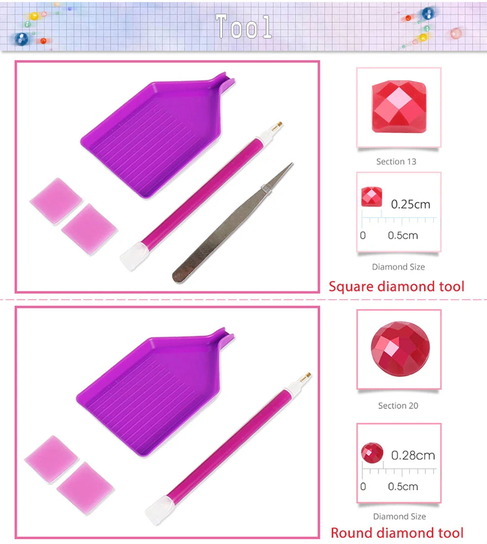 A set of square and round diamond tools for a diamond painting kit, showing various sizes and dimensions.