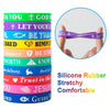 A set of colorful silicone rubber stretchy bracelets featuring inspirational Bible verses like God be, Let your, and Trust in