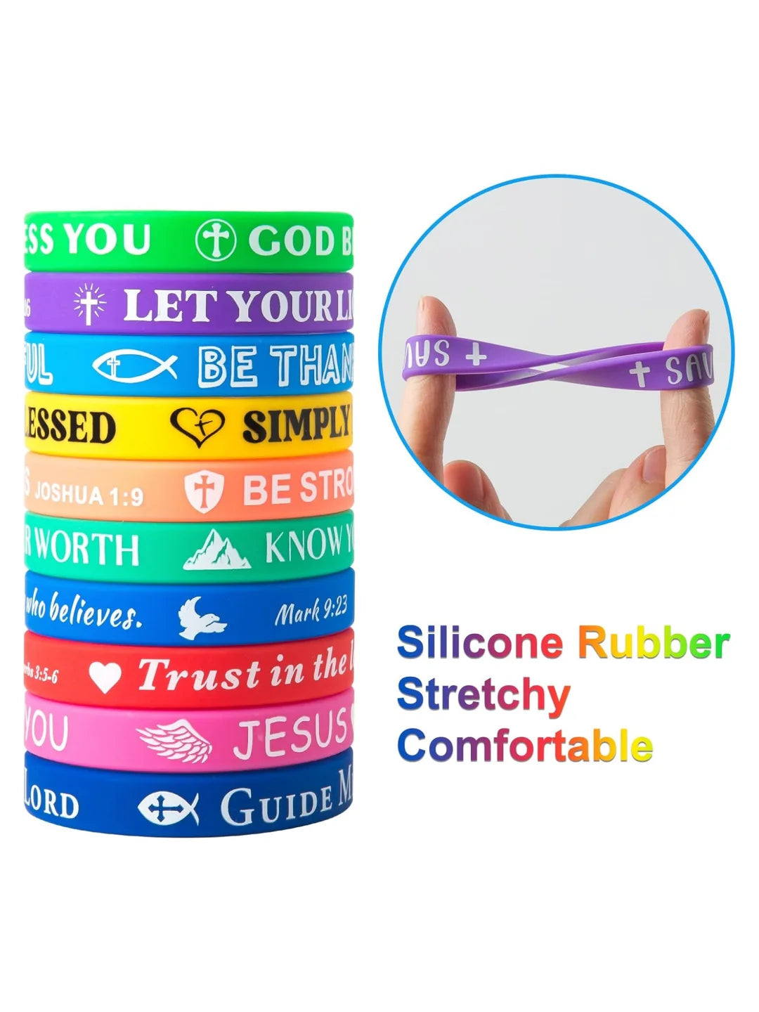 A set of colorful silicone rubber stretchy bracelets featuring inspirational Bible verses like God be, Let your, and Trust in