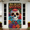 A Dia de los Muertos sugar skull door cover featuring vibrant floral and skull designs on a dark background.
