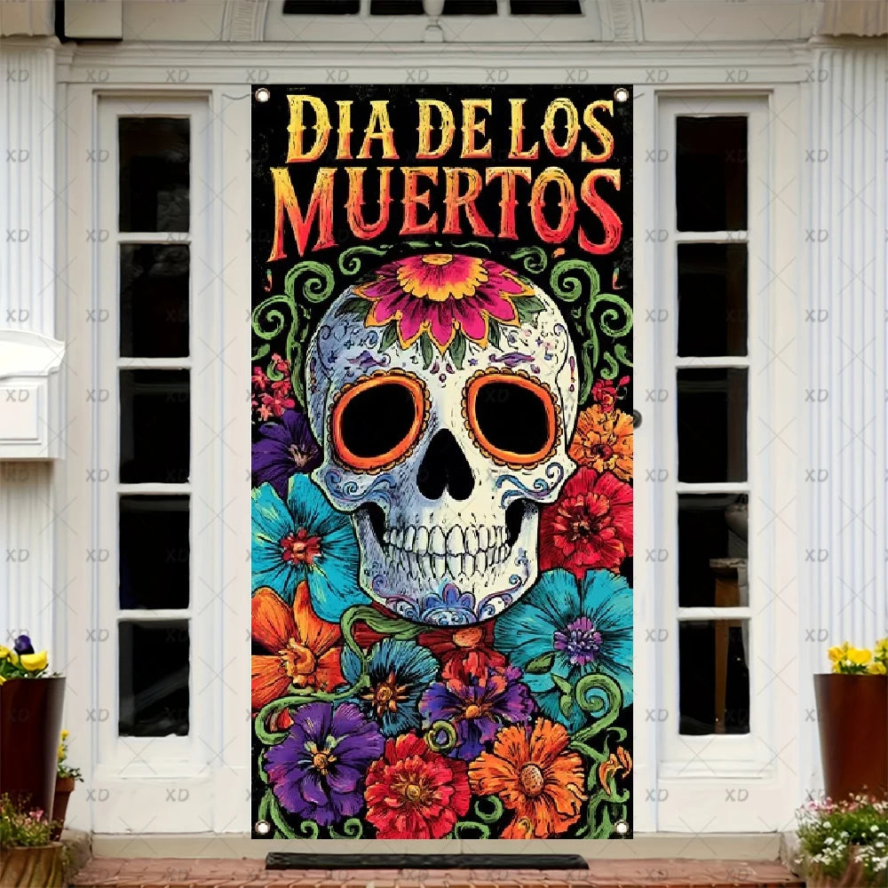 A Dia de los Muertos sugar skull door cover featuring vibrant floral and skull designs on a dark background.