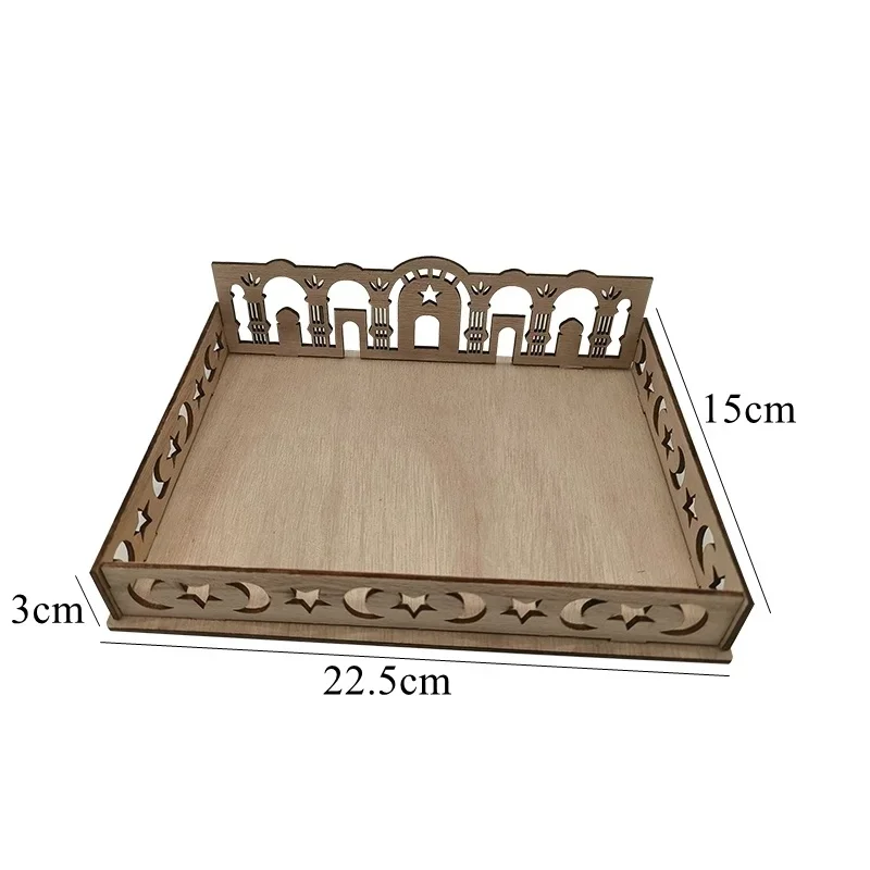 Bandeja de servicio de Eid Mubarak de madera con borde decorativo y medidas.