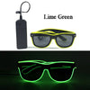 Lime green EL wire party glasses shown in two forms: a handheld device and a pair of sunglasses.