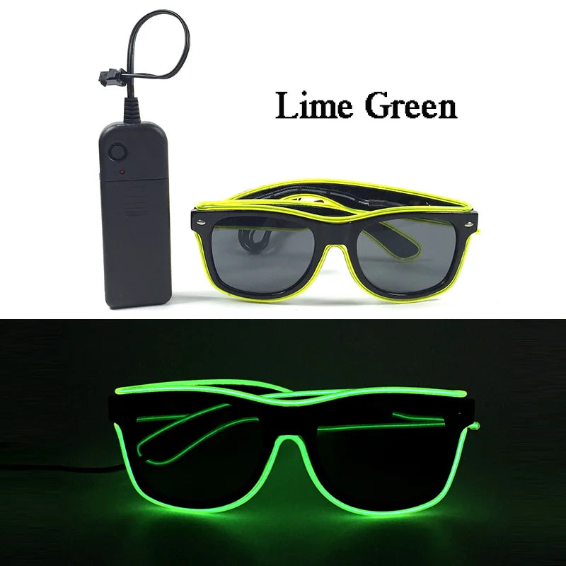 Lime green EL wire party glasses shown in two forms: a handheld device and a pair of sunglasses.