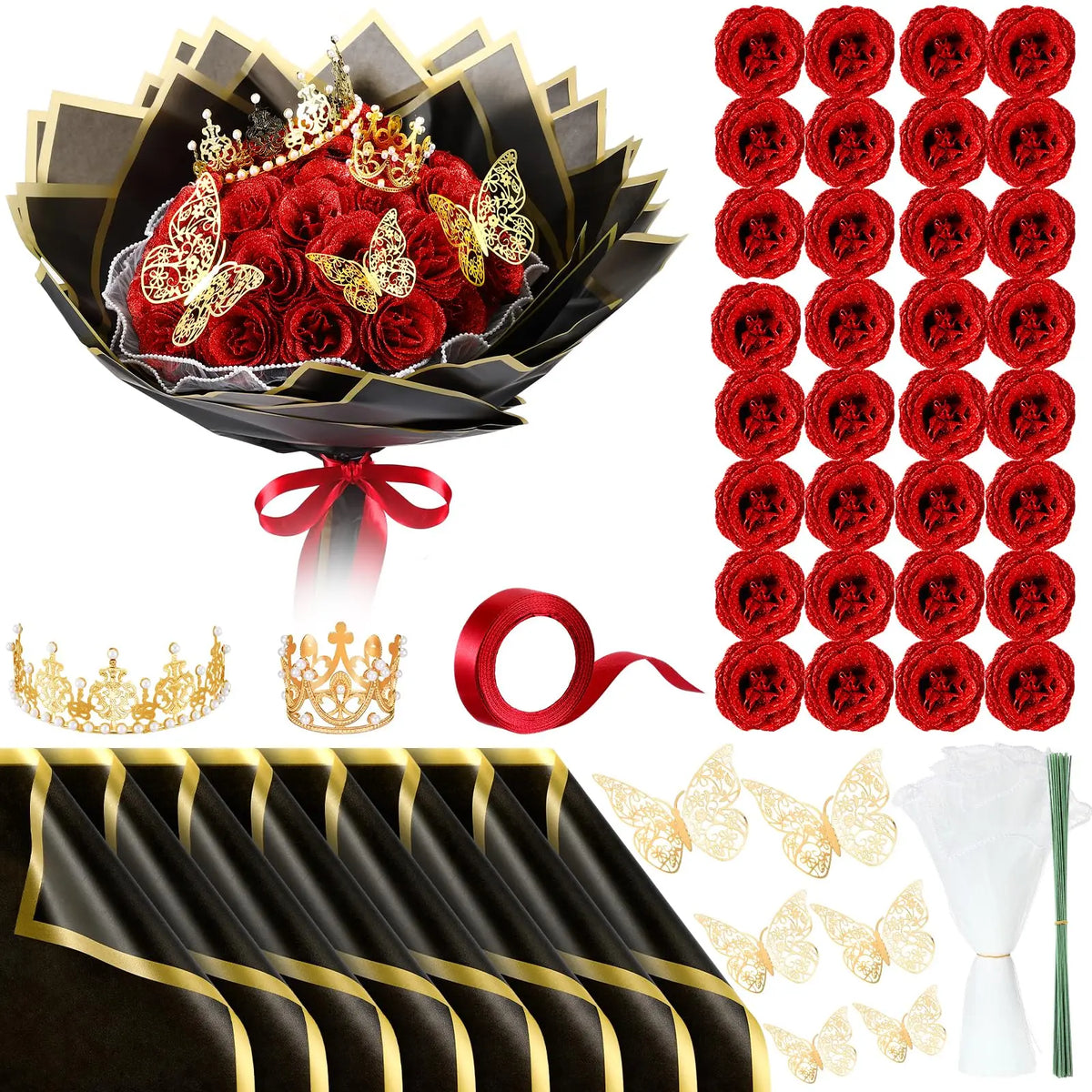 A bouquet of red roses in a black decorative bowl with a gold crown and a sheet of artificial rose petals.