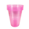 A stack of clear pink plastic party cups with ribbed texture.