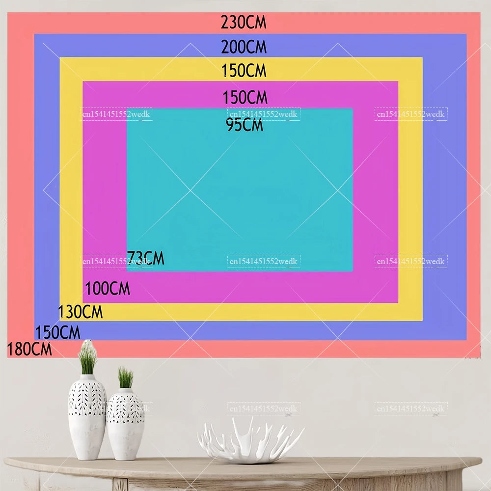 A rectangular tapestry with vibrant colors and measurements displayed on a wall above a wooden table.
