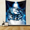 A dark blue and silver tapestry featuring a fierce alien predator creature against a bright light background.