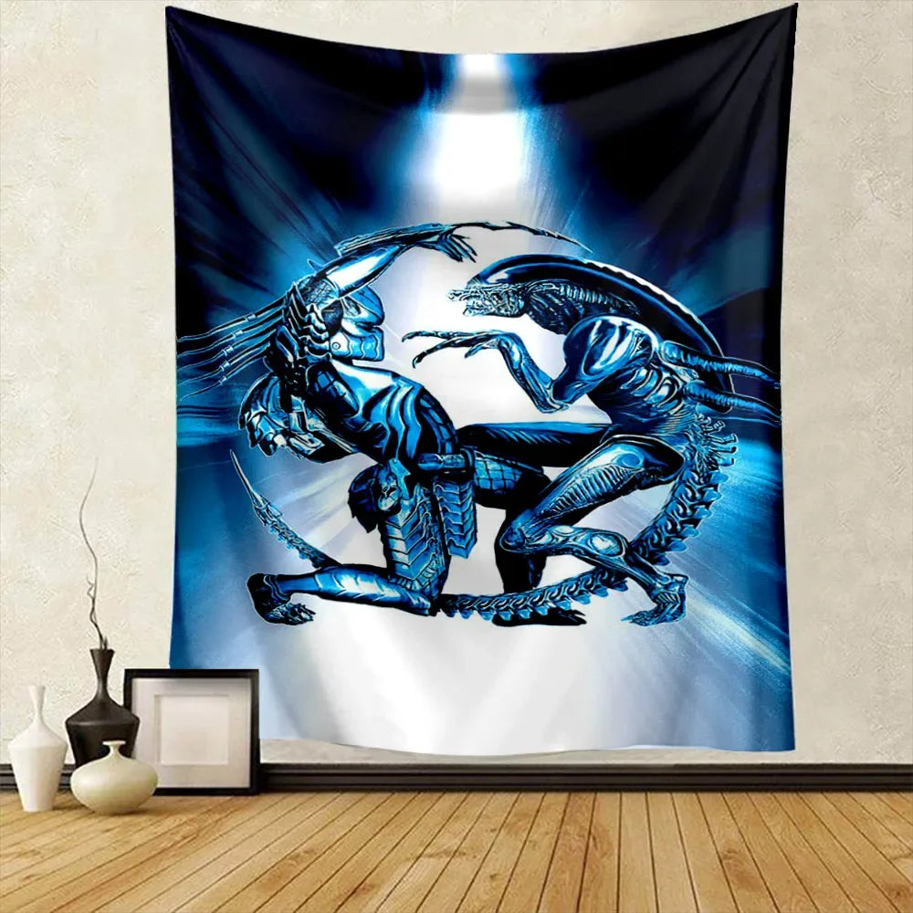A dark blue and silver tapestry featuring a fierce alien predator creature against a bright light background.