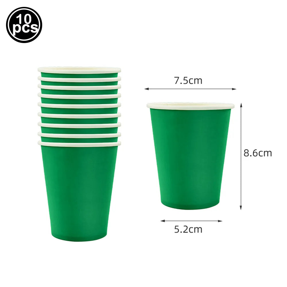 Ten green disposable paper cups, measuring 7.5cm in diameter and 8.6cm in height.