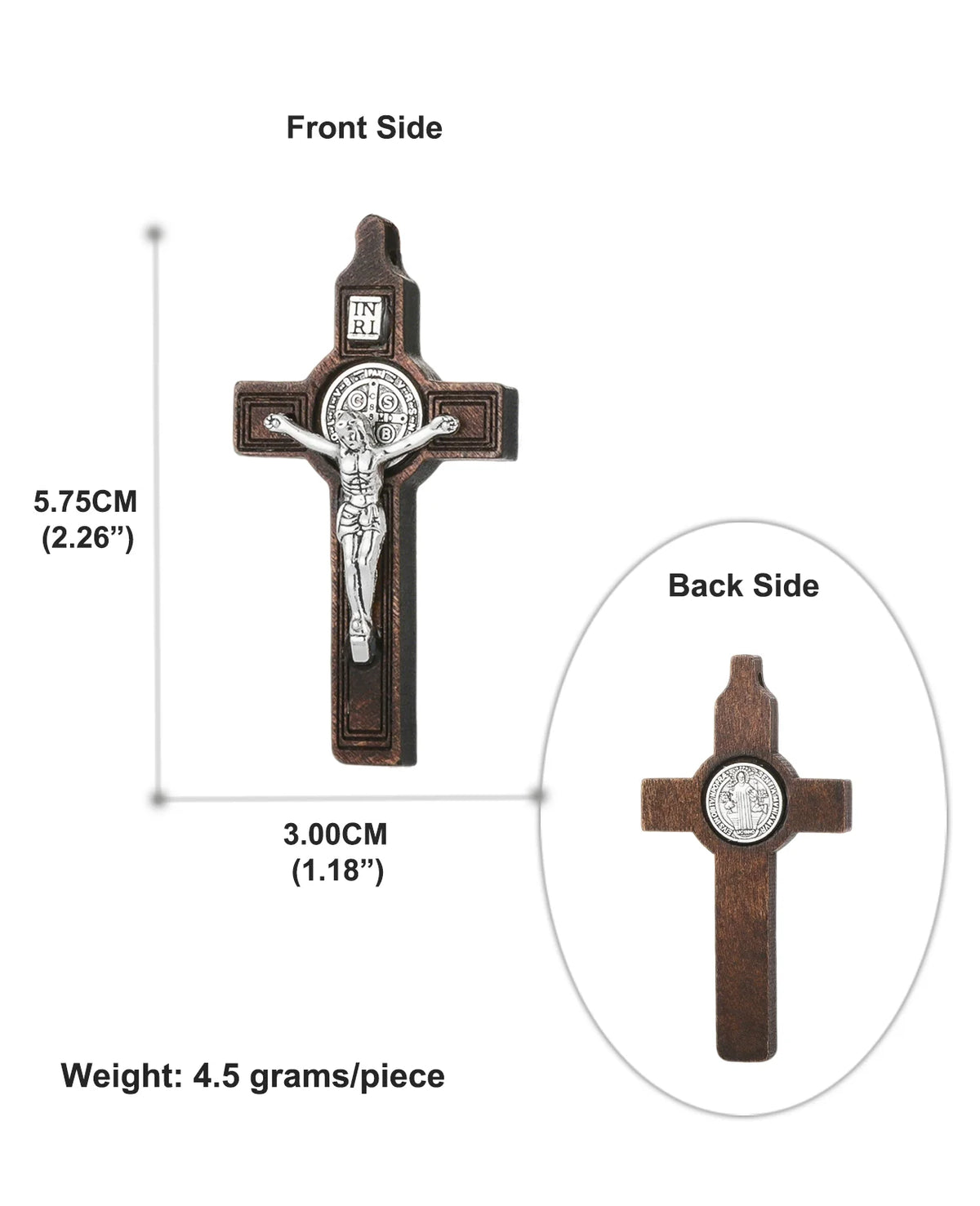 Front and back views of a wooden St. Benedict crucifix pendant set with engraved details