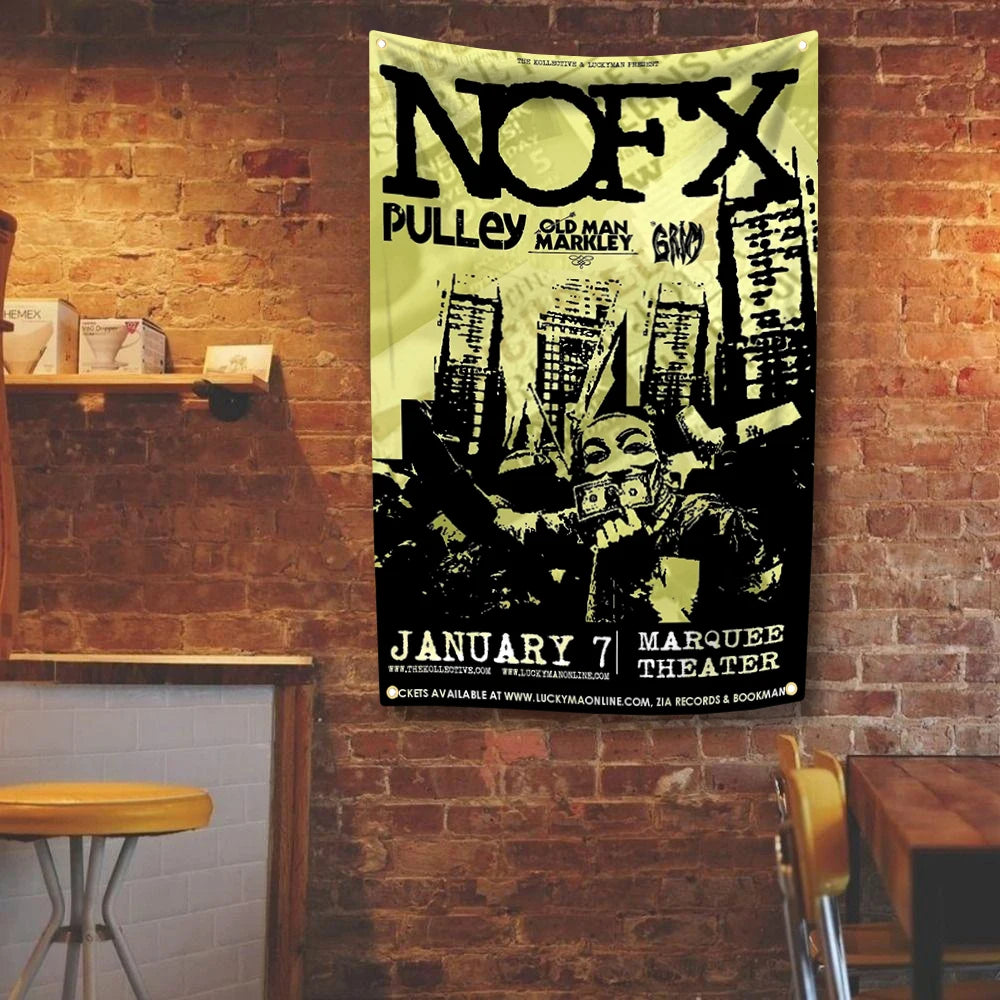 A black and white tapestry featuring the text NOFX Pulley Old Man Markley Grow January 7 Marquee Theater