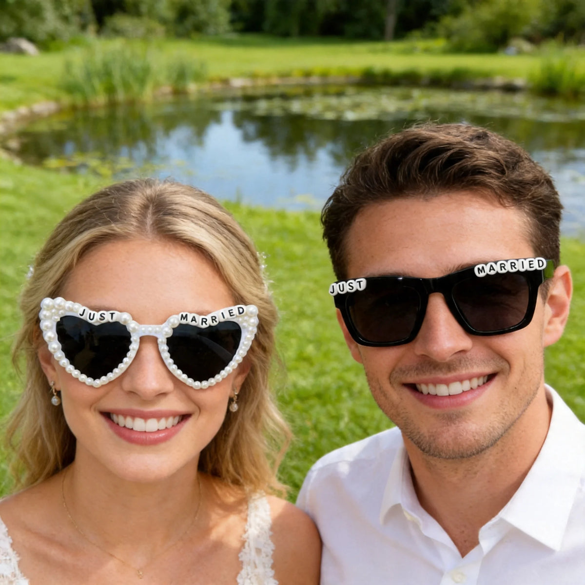 A smiling bride and groom wearing pearl decor glasses for wedding photos outdoors.