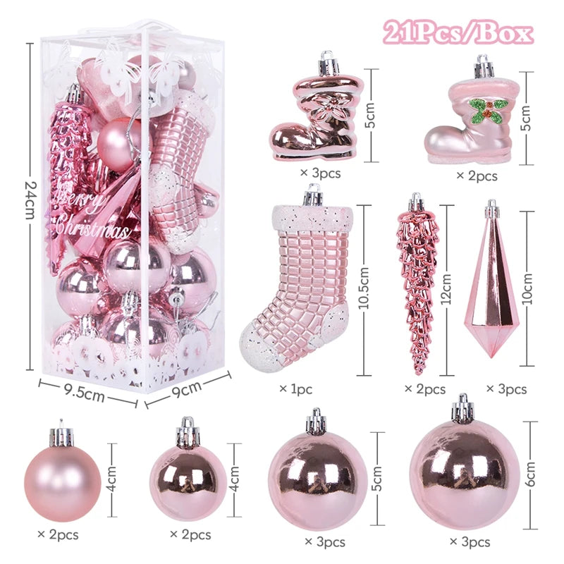 A box of 21 festive Christmas ornaments featuring pink and silver snowflake designs in various shapes