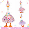 A decorative birthday costume set featuring a goose-themed outfit in pink and purple glitter.