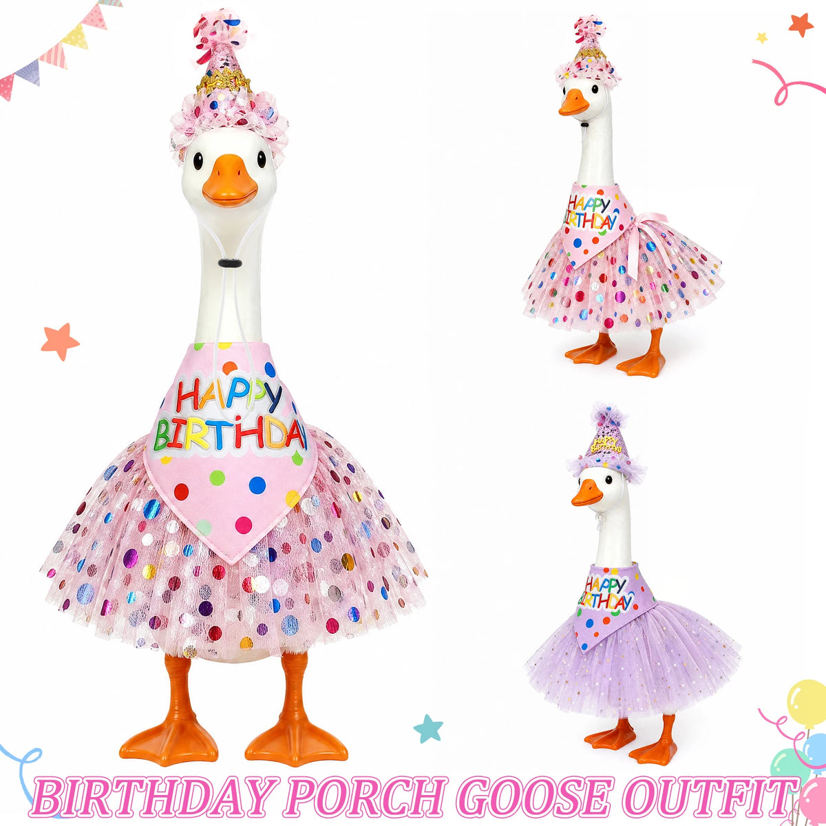 A decorative birthday costume set featuring a goose-themed outfit in pink and purple glitter.