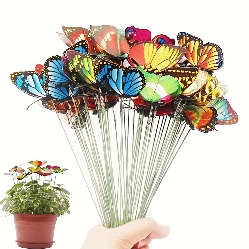A bouquet of colorful decorative butterfly garden stakes with vibrant wings and green stems.