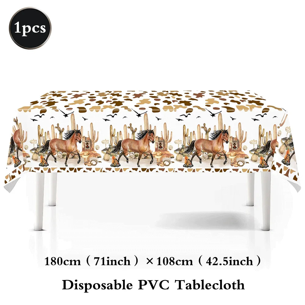 Disposable PVC tablecloth featuring a Western theme with foil horse numbers and decorative elements