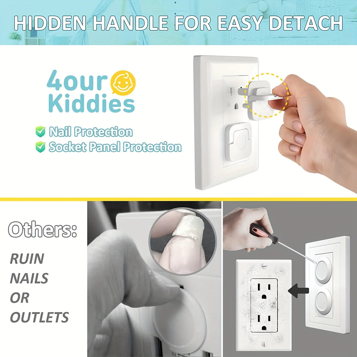 White childproof electrical outlet plugs with hidden handles for easy detachment and protection