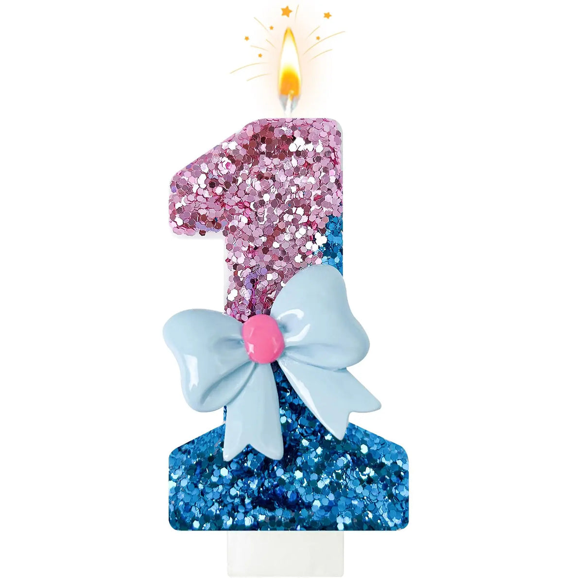 A number candle shaped like '1' covered in pink glitter and decorated with a light blue bow.