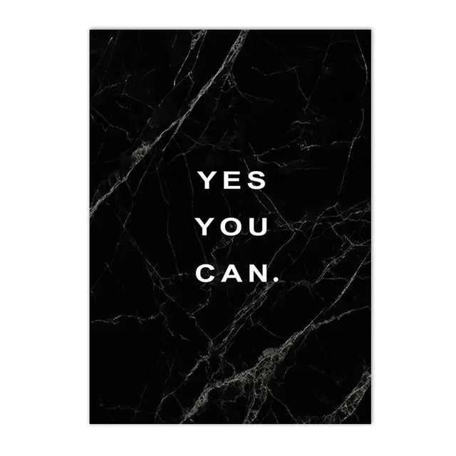 A black canvas art print featuring the motivational quote Yes you can in white marble texture.