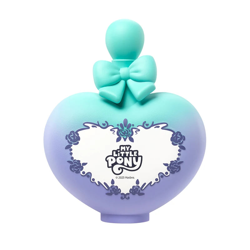 A light turquoise bottle shaped like a heart with a bow on top, featuring the My Little Pony logo.