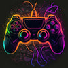 A vibrant neon outline of a retro-style video game controller against a dark background.