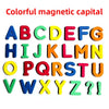 Colorful magnetic alphabet set showing uppercase letters A through Z and a question mark