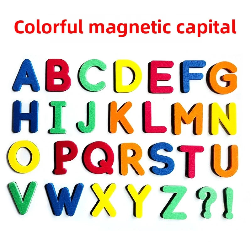 Colorful magnetic alphabet set showing uppercase letters A through Z and a question mark