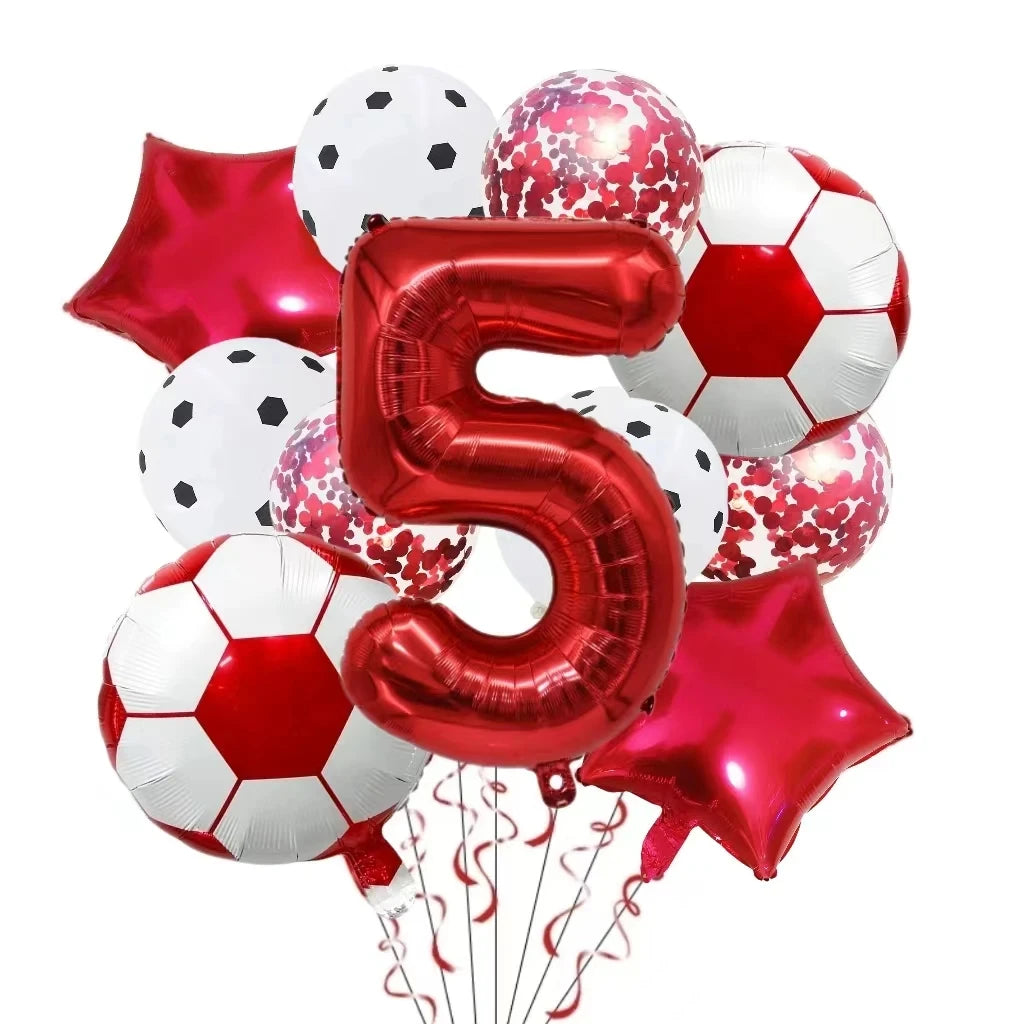 A cluster of red and white football and star shaped foil balloons for birthday party decorations