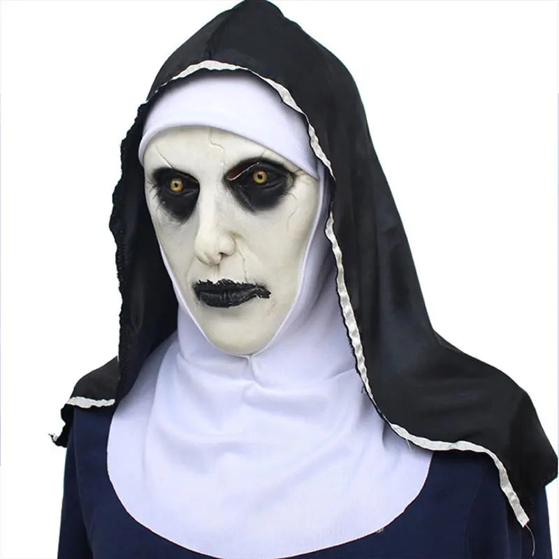 A scary nun latex mask with a black headscarf and white collar.