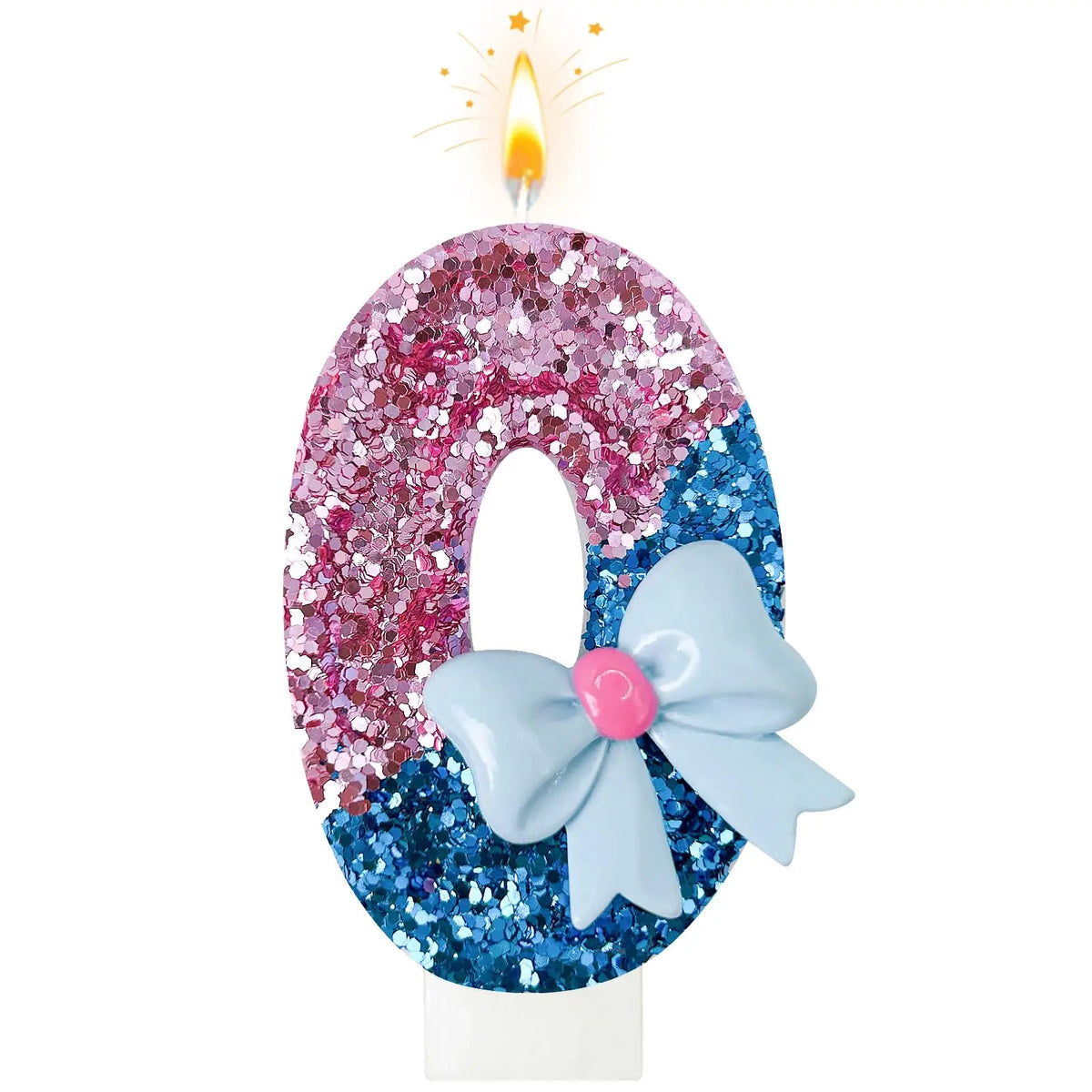 A large number zero decorated with glitter in shades of pink and blue, featuring a light blue bow.