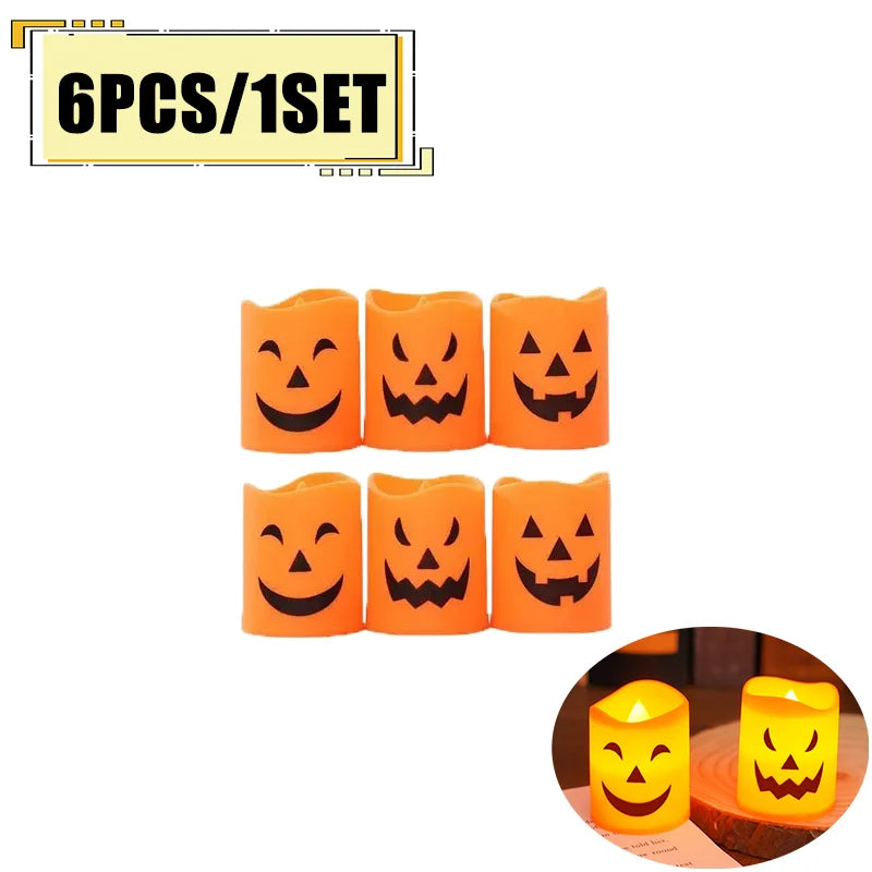 Six pieces of orange pumpkin-shaped flameless LED candles for Halloween decor.