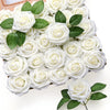 A close-up view of a bouquet of realistic white foam rose artificial flowers on a wooden tray.