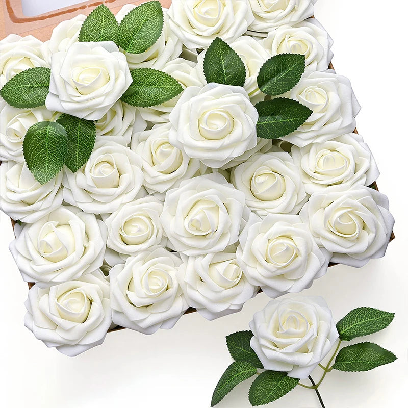 A close-up view of a bouquet of realistic white foam rose artificial flowers on a wooden tray.