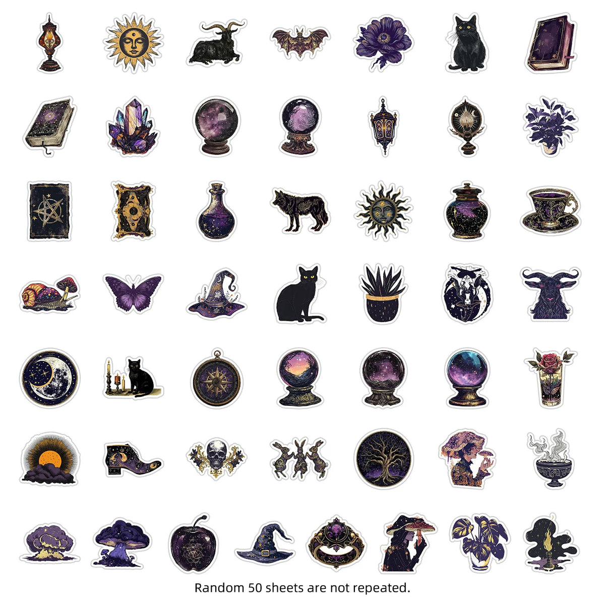 Colección de 50 calcomanías y pegatinas de estética gótica con símbolos, criaturas y motivos oscuros.