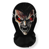 A black mesh hood featuring a fierce skeleton face mask with glowing red eyes and sharp teeth.