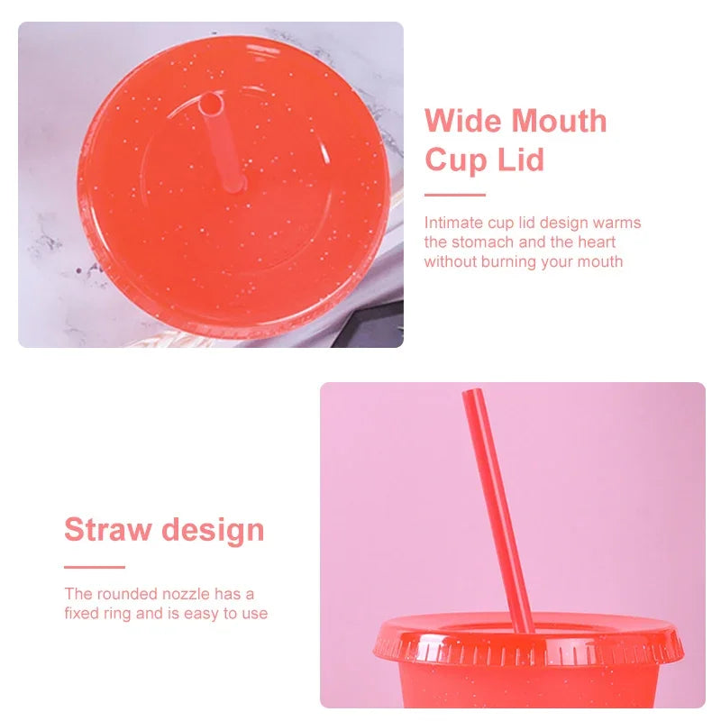 Orange glitter party cup with a wide mouth lid and straw design