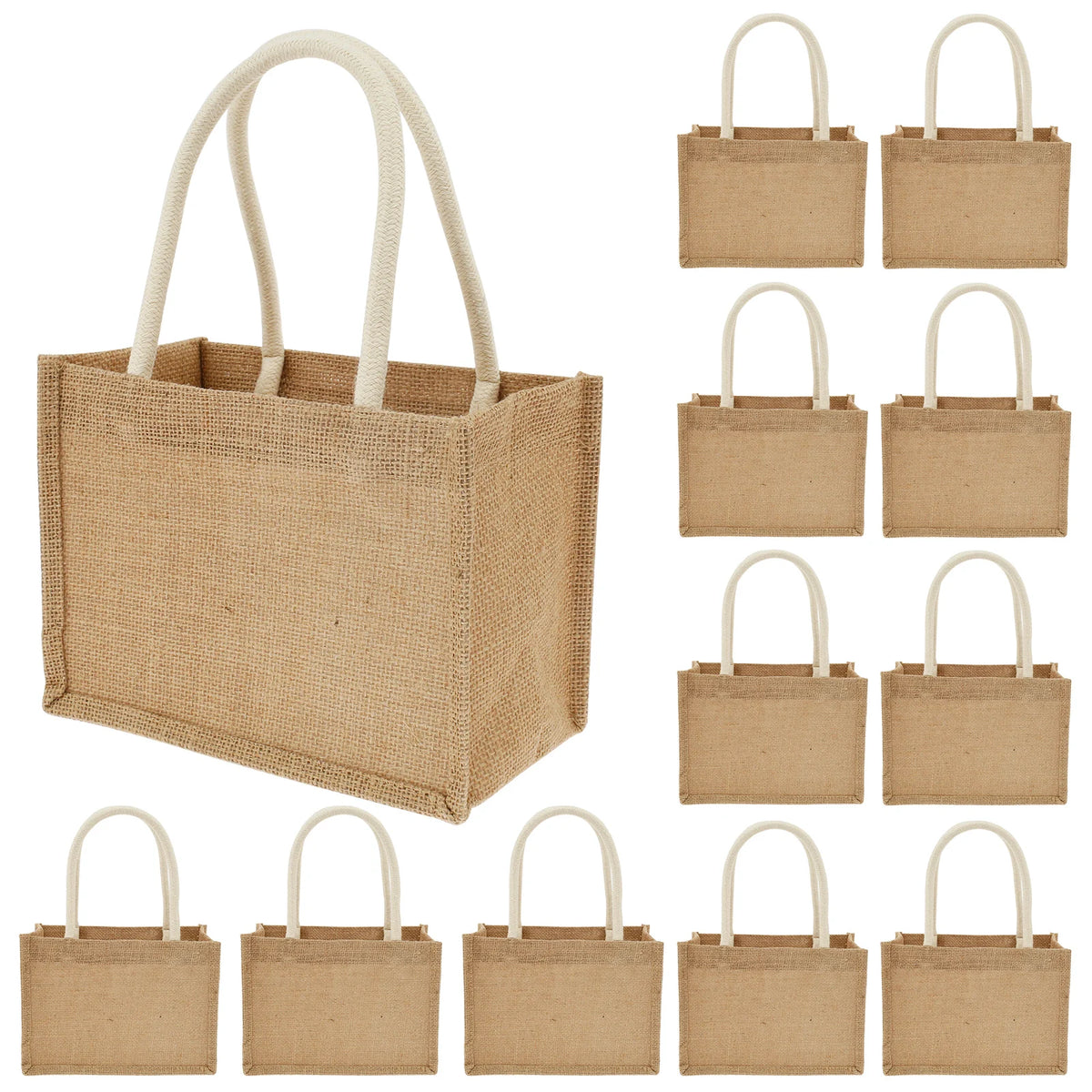 A collection of natural jute tote bags with cotton rope handles in various shades of tan and beige.