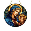 A painting of the Virgin Mary and the Christ Child in a halo setting, rendered in warm tones and blue drapery.