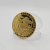 A round gold commemorative iron coin featuring a zodiac symbol with a horse and a staff.