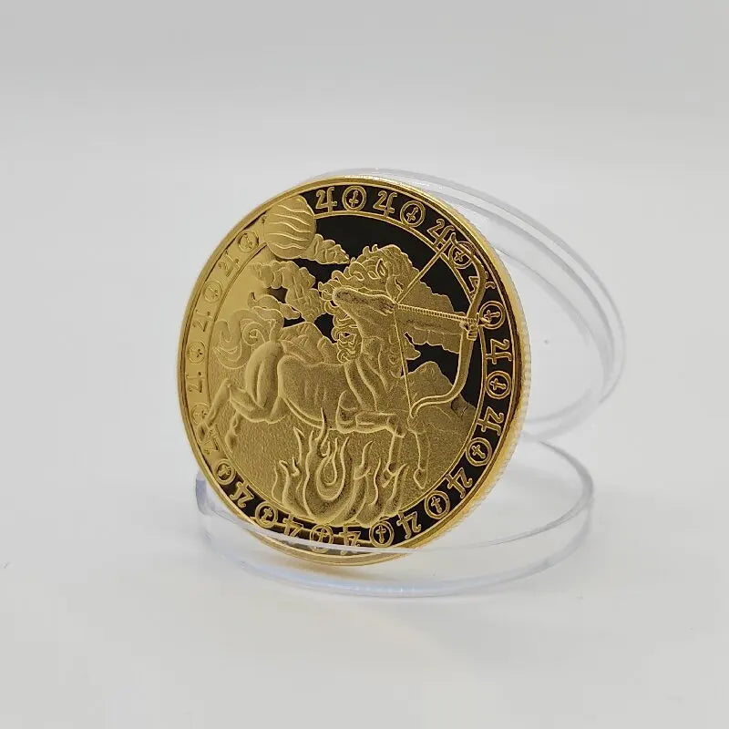 A round gold commemorative iron coin featuring a zodiac symbol with a horse and a staff.