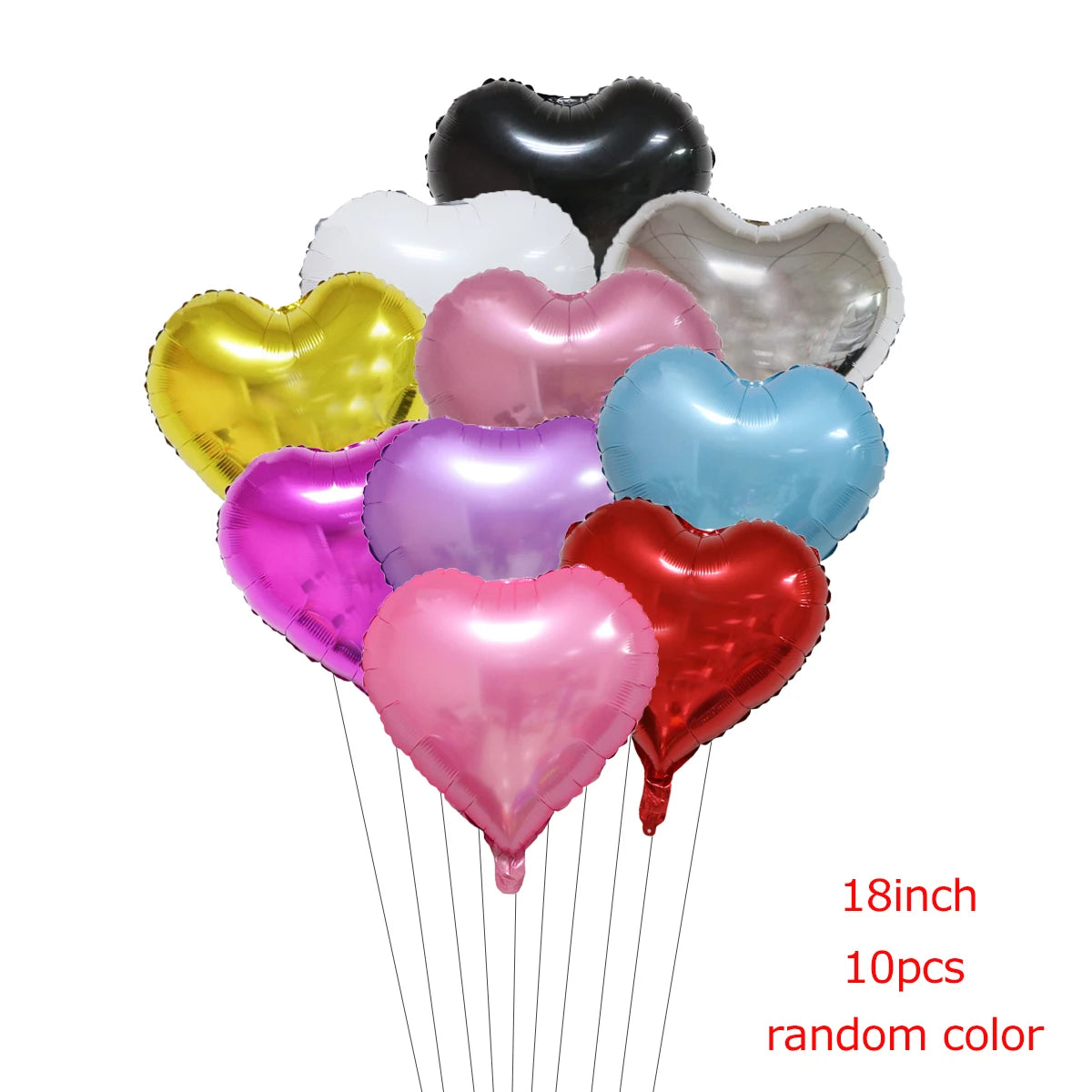 A bunch of ten heart-shaped foil balloons in various colors including black, white, yellow, pink, blue, and red.