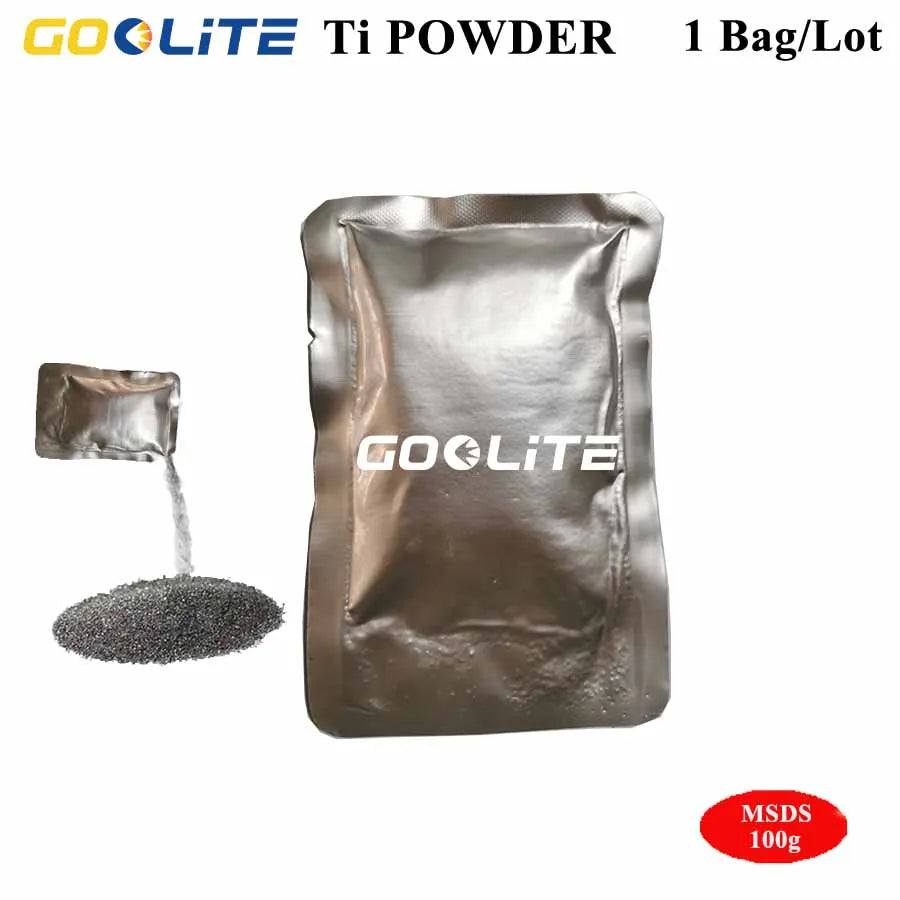 A sealed bag of GoLite Ti Powder, a dark gray or bronze granular substance, is shown next to the packaging.