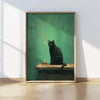 A framed painting depicting a black cat smoking, with wisps of smoke rising against a teal background.