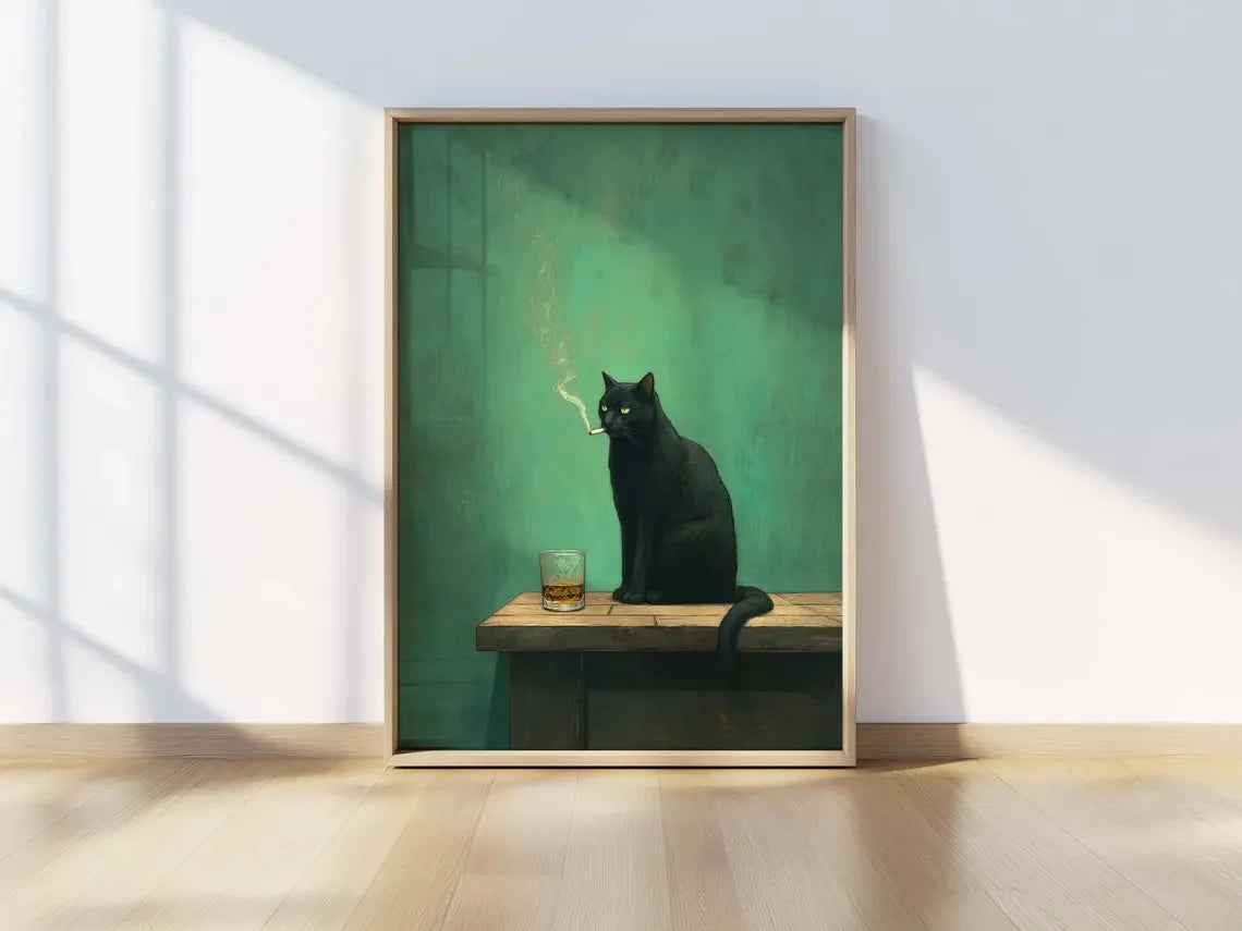 A framed painting depicting a black cat smoking, with wisps of smoke rising against a teal background.