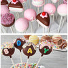 A collection of pink and chocolate lollipops on paper sticks, some decorated with sprinkles and tie closures.